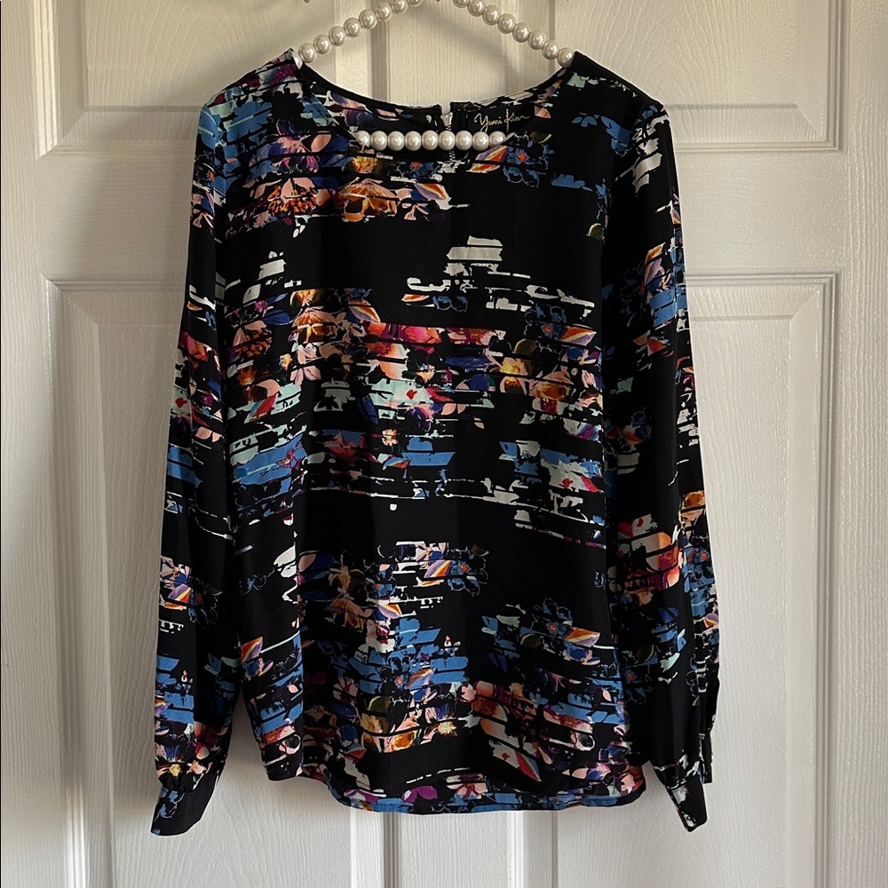 Yumi Kim Sz Small Long Sleeve Black Print Back Zip Blouse